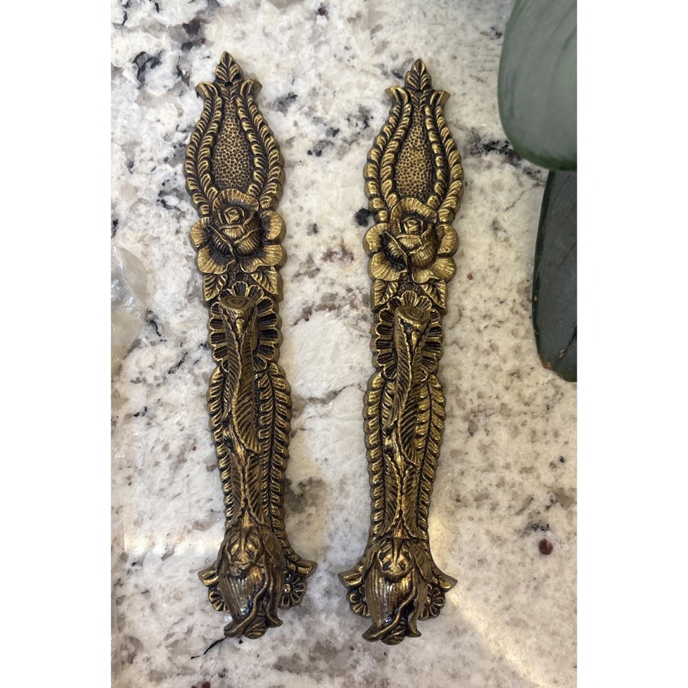 6 Vintage Ornate Brass? Drop Pull Handle Art Nouveau Rose Leaf Westbrook NOS